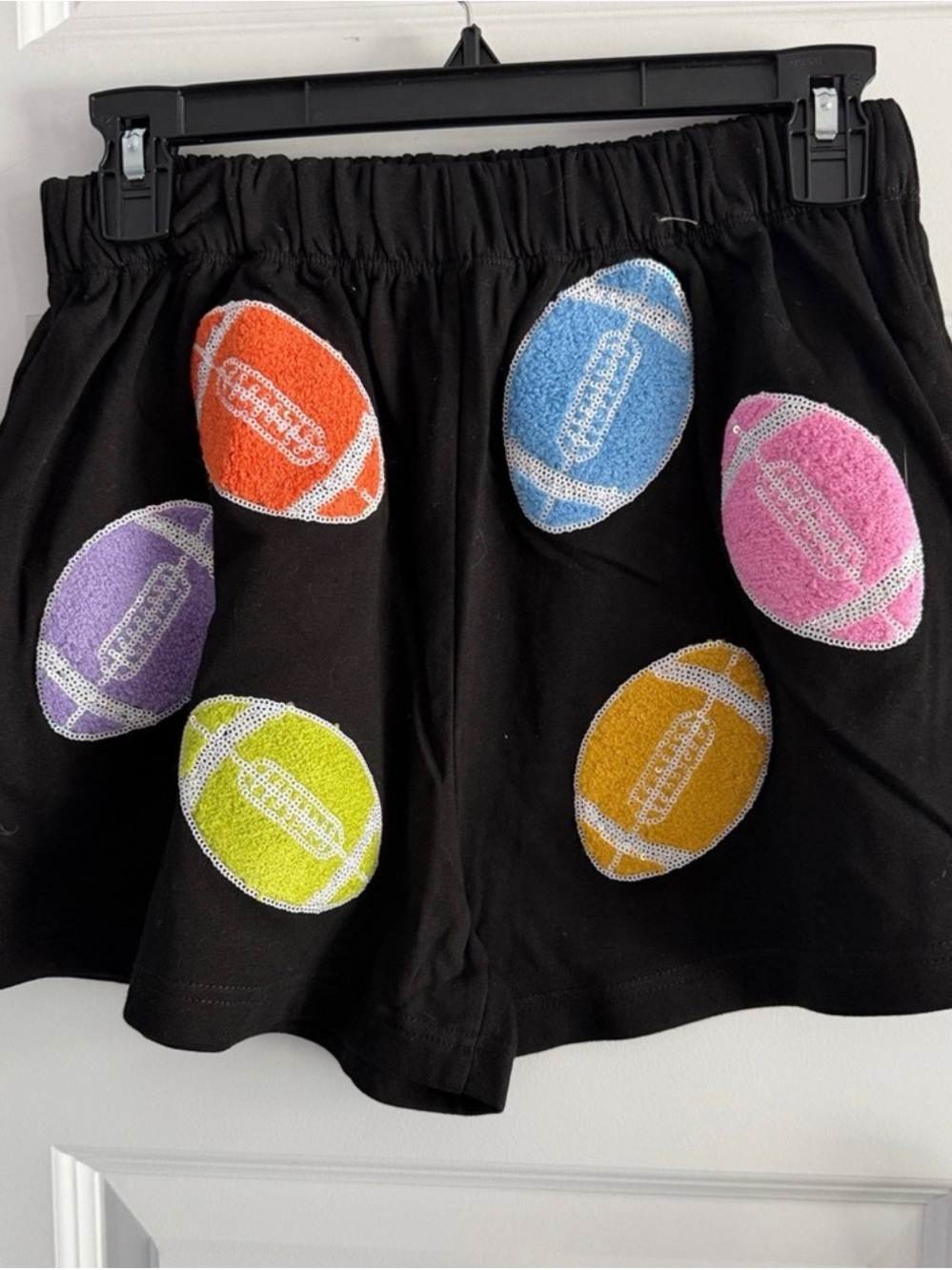 Peach Love California Black Athletic Shorts Multicolor Football sequin patches
